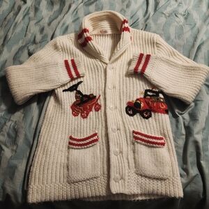 VTG 70s Handknit Tractor Cardigan Sweater‎ Men's Size Large Made In Canada